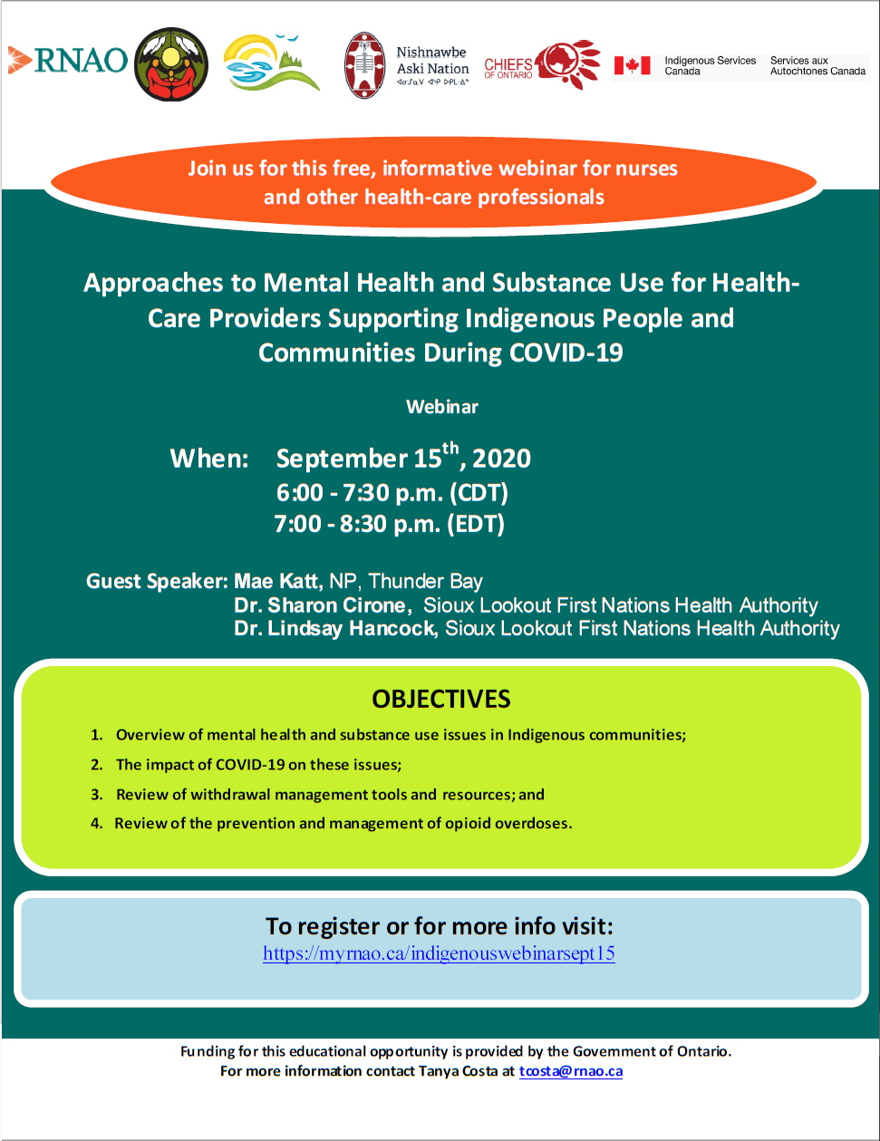 Flyer for Webinar: Approaches to Mental Health and Substance Use for Health-Care Providers Supporting Indigenous People and Communities During COVID-19
